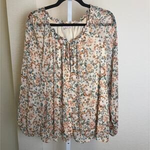 Lauren Conrad Womens Peasant Boho Long Sleeve Cream Peach Green Floral XL
